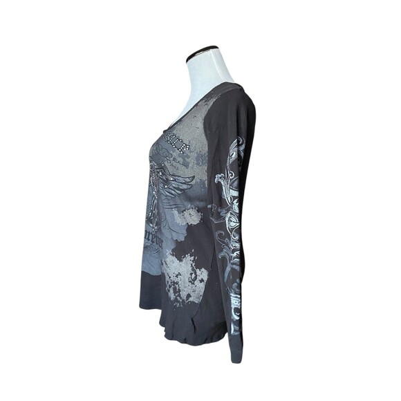 Vintage Y2K Gothic Fairy Grunge Cross Wings Graphic Bling Top Size XL Black Rib - Picture 9 of 11